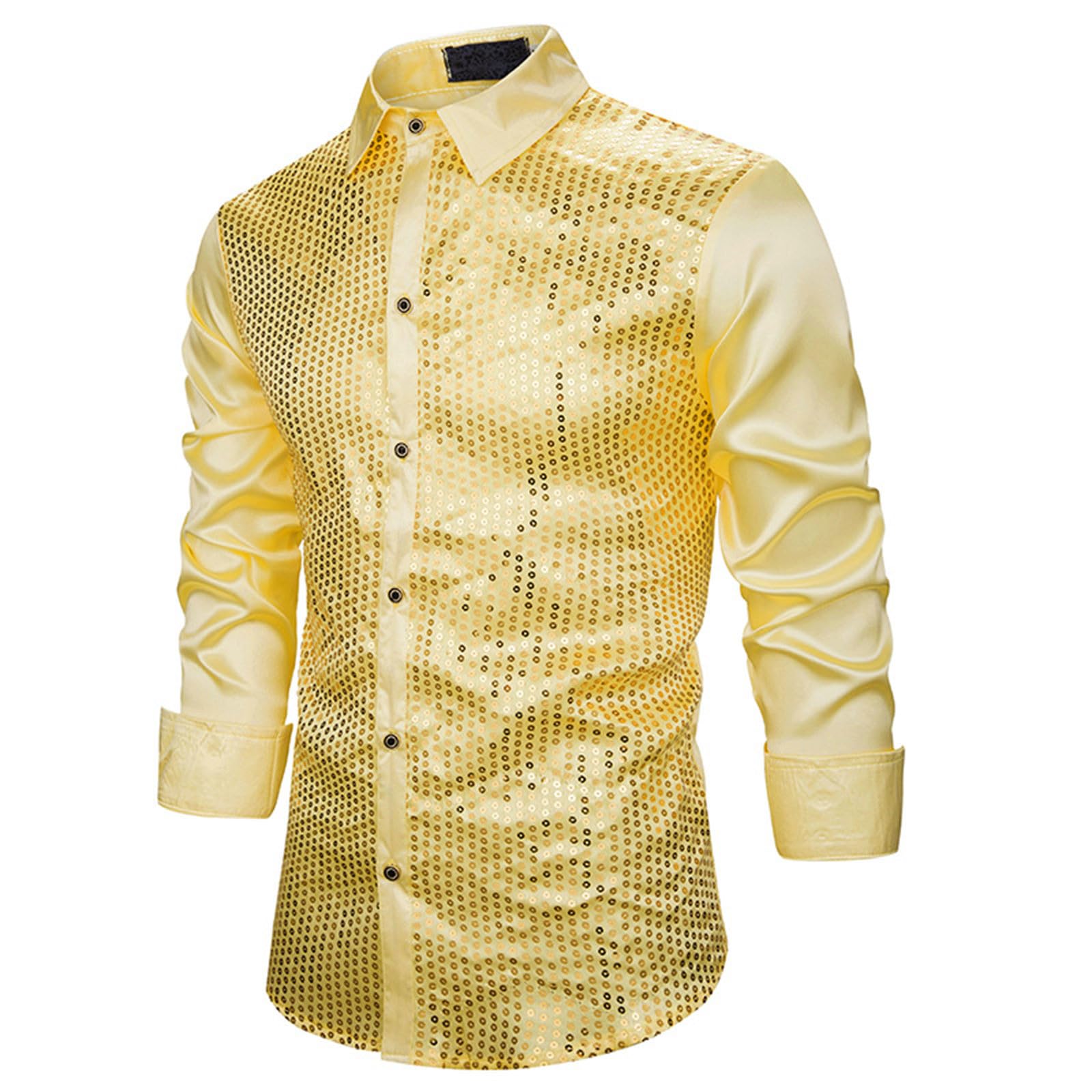 Men's Shiny Satin Sequins Button Up Dress Shirts Long Sleeve Slim Fit Disco Party Prom Wedding Shirt Costume