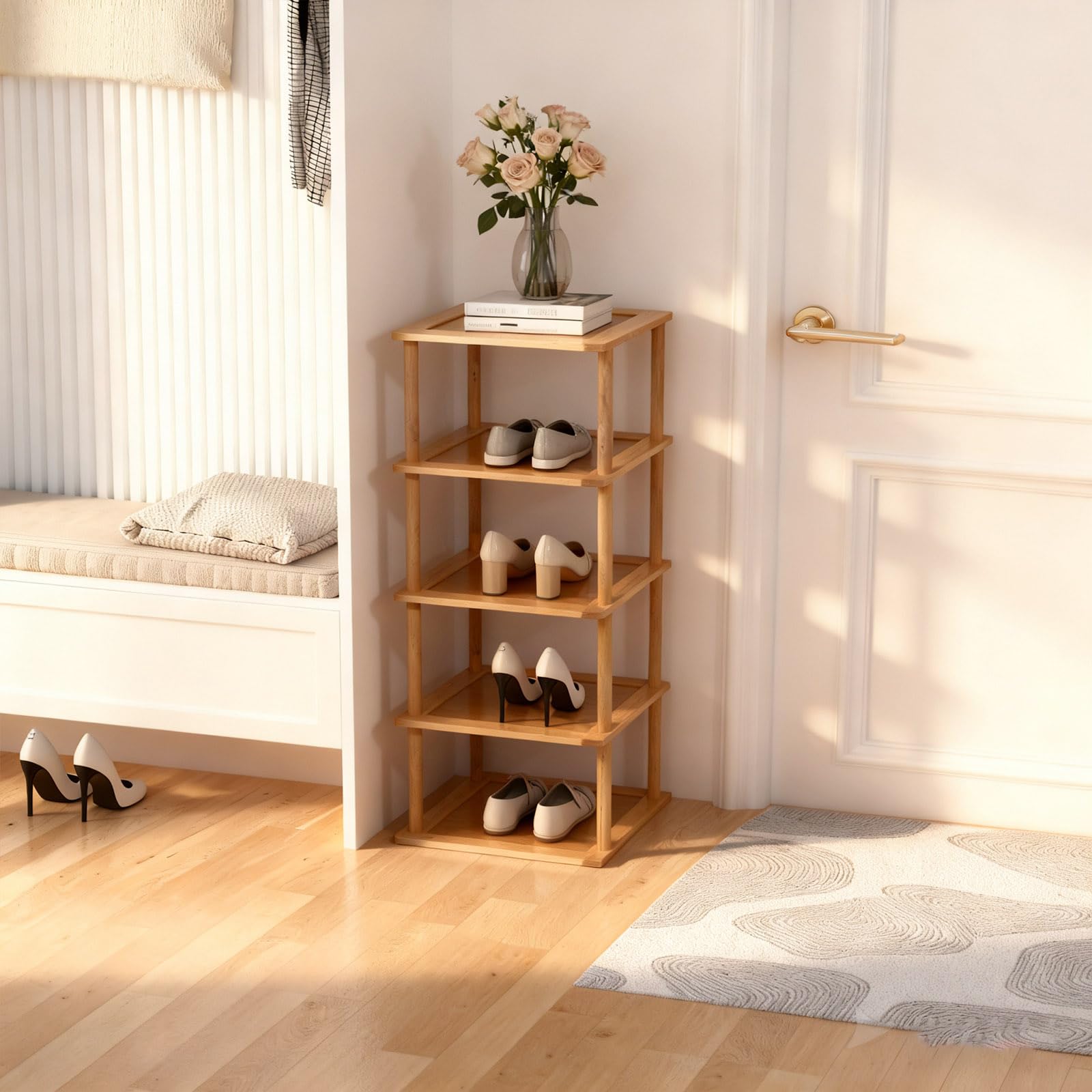 Aniston Bamboo Shoe Rack 5 Tier, Vertical Shoe Rack for Small Spaces, Free Standing Tall Narrow Shoe Organizer for Garage, Closet, Doorway, Corner, Living Room Small Spaces