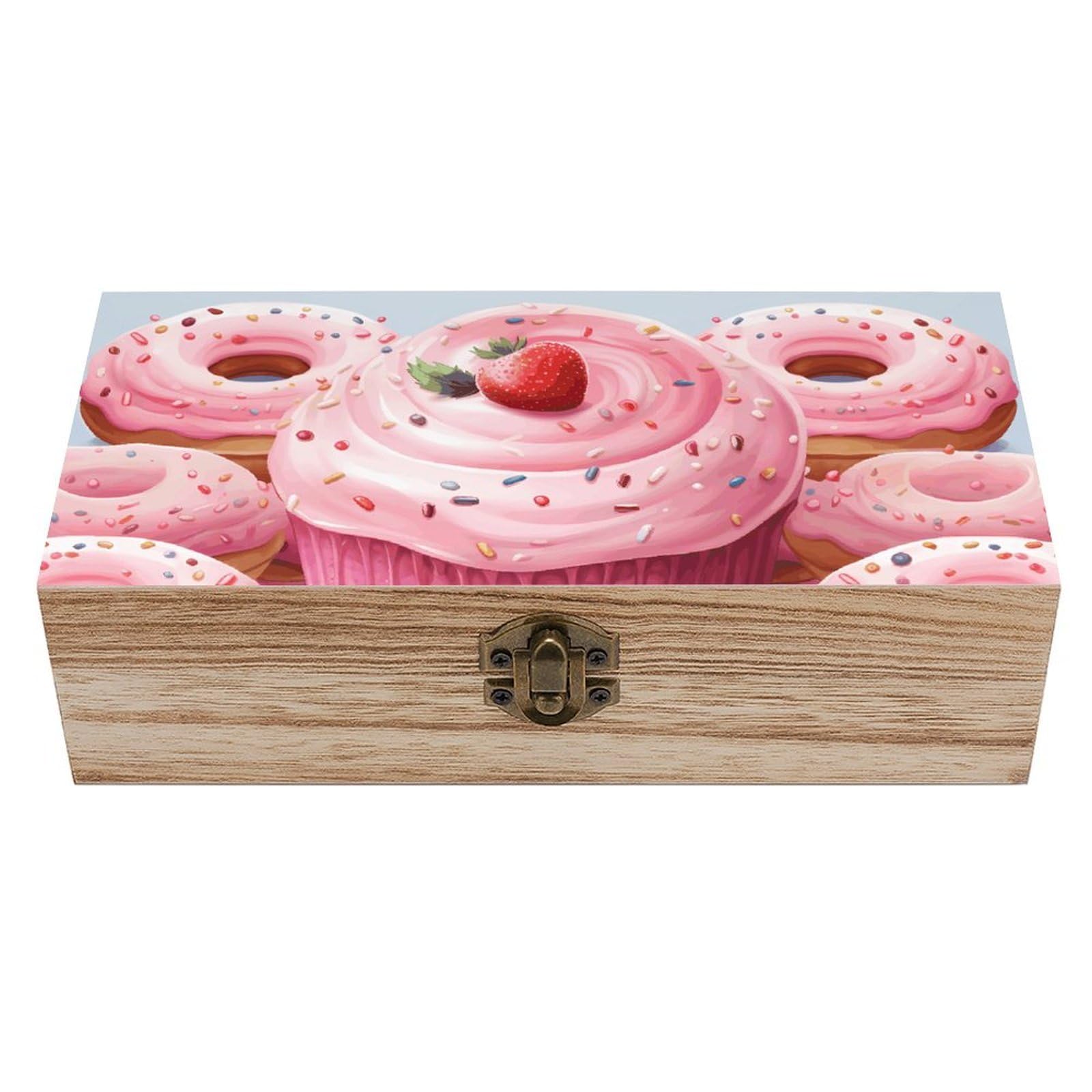 LZQPOEAS Pink Donut And Cupcake Wooden Storage Box Small Decorative Box with Hinged Lid Handmade Elegant Keepsake Storage Box for Jewelry, Photos, Trinkets, Letter Gifts, Small Heirlooms