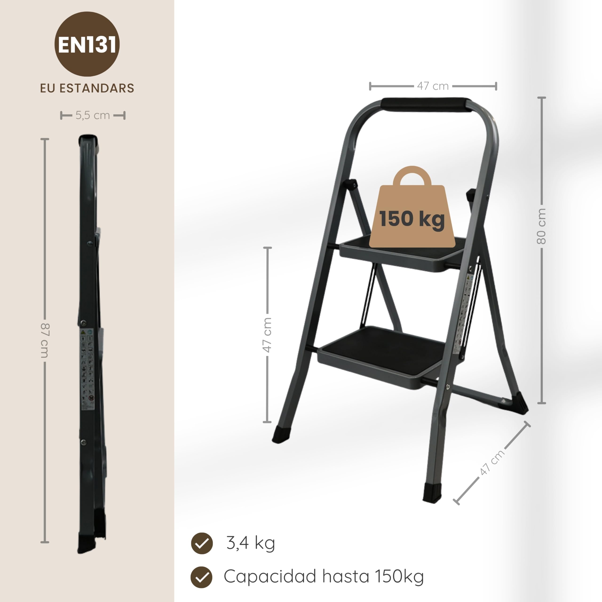 Escalera Plegable de Aluminio para hogar y Cocina, 2 peldaños, Gris, peldaños Anchos Antideslizantes, asa de Agarre cómodo, EN 131