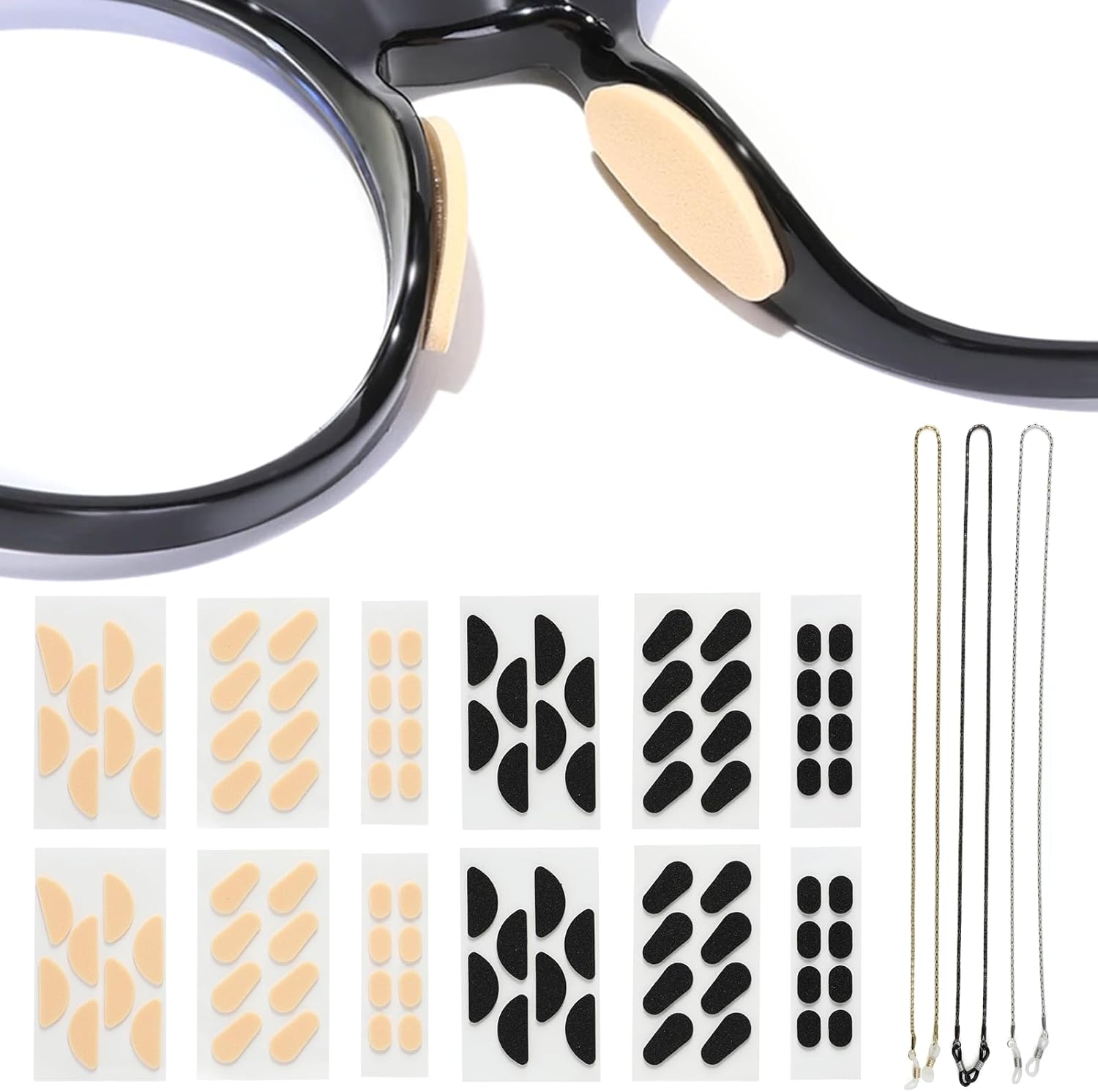 48 Pairs Stick on Non-Slip Foam Glasses Nose Pad Cushion and 3 Pcs Metal Reading Eyeglass Chain, Eyeglass Accessories