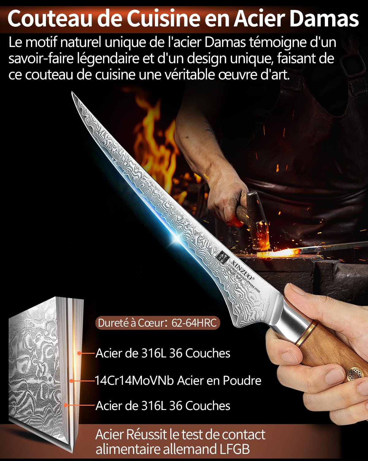 XINZUO Acier en Poudre de Damas 17,8cm Couteau à Filet,73 Couche Damas Acier de Couteau à Désosser pour Désosser le Poisson et la Viande,Couteaux à Fileter Chef Professionnel-Poignée en Bois d'Olivier