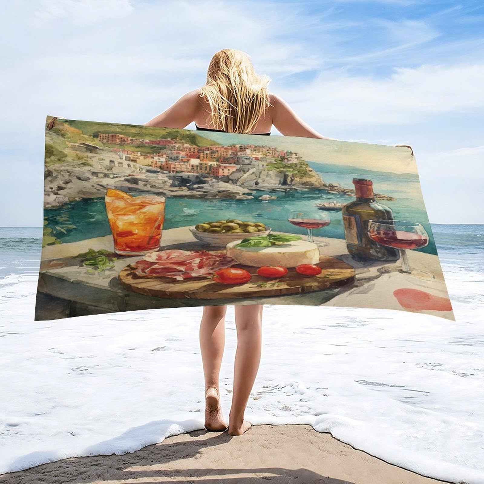 Luyysky Classic Romantic Wine Glass Quick-Drying Beach Towel, Modern Aesthetic Italian Food Theme Nautical Coastal Country Travel Vacation Single Sided Pile Bathroom Towels-80 W Cm X 160" L Cm