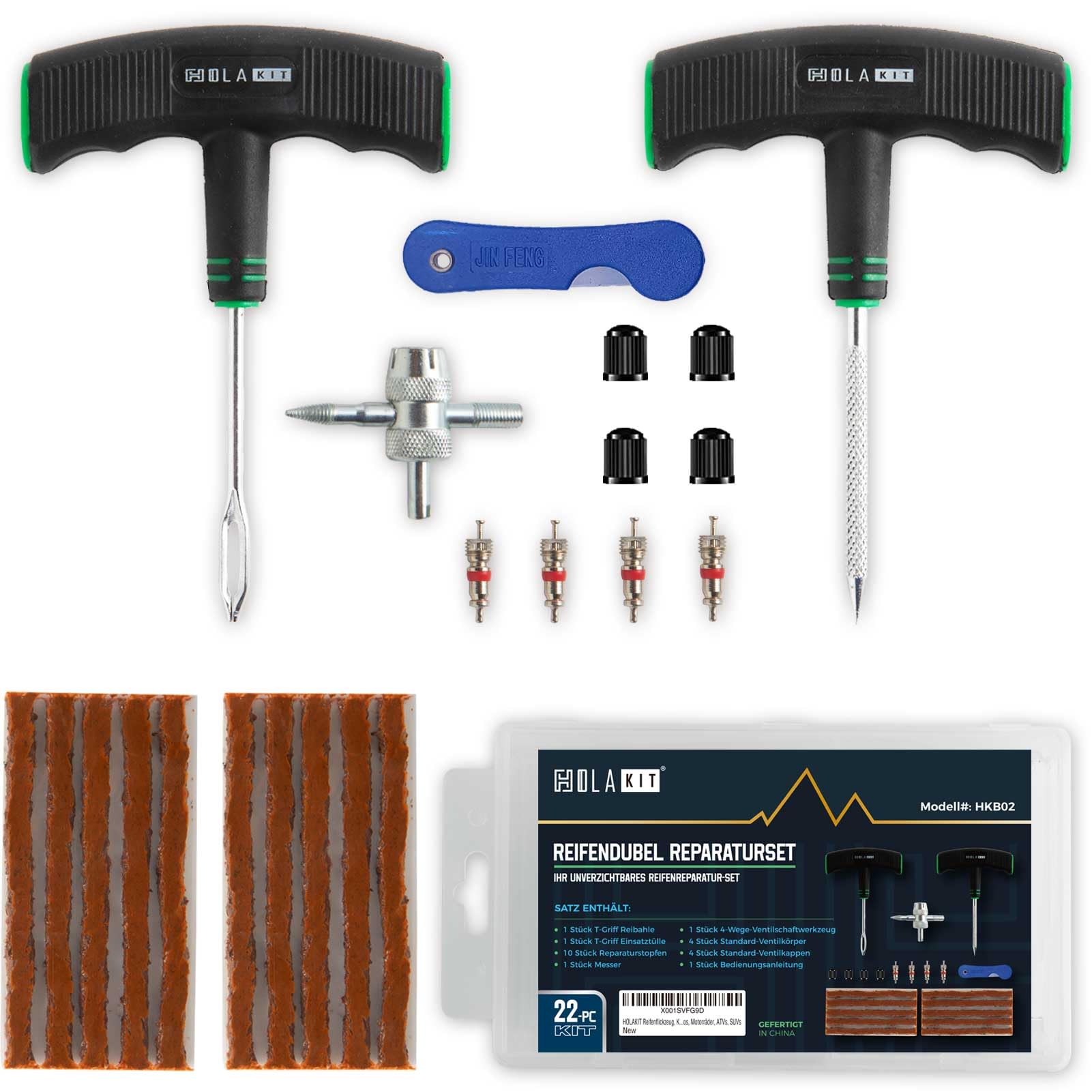 HOLAKIT Reifenflickzeug, Kompaktes 22-teiliges Reifenreparaturset mit Gummistopfen, verbessertem T-Griff, Unverzichtbare Werkzeuge zur Behebung von Reifenpannen für Autos, Motorräder, ATVs, SUVs