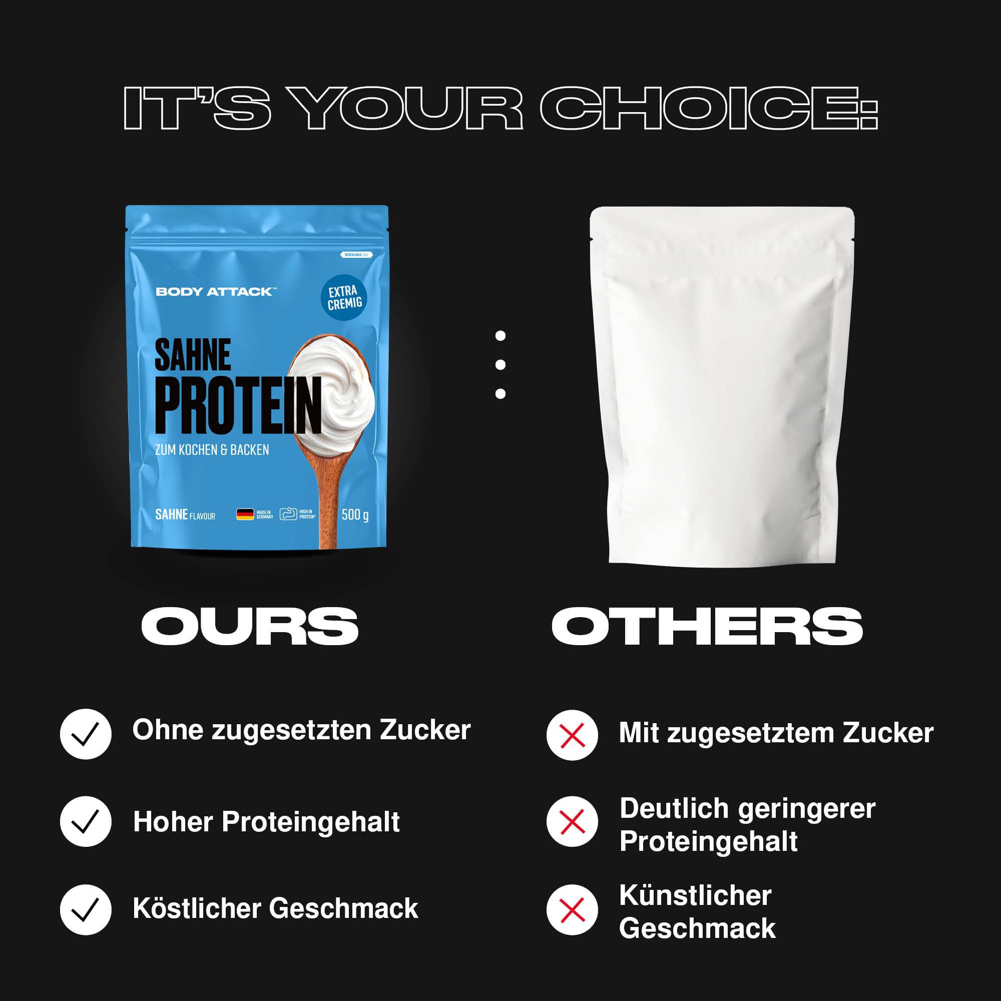 Body Attack Sahne Protein 500 g | Protein Sahne Alternative zum Backen & Kochen, für Saucen & Desserts, Whey & Casein Protein mit Laktase, ohne Zuckerzusatz