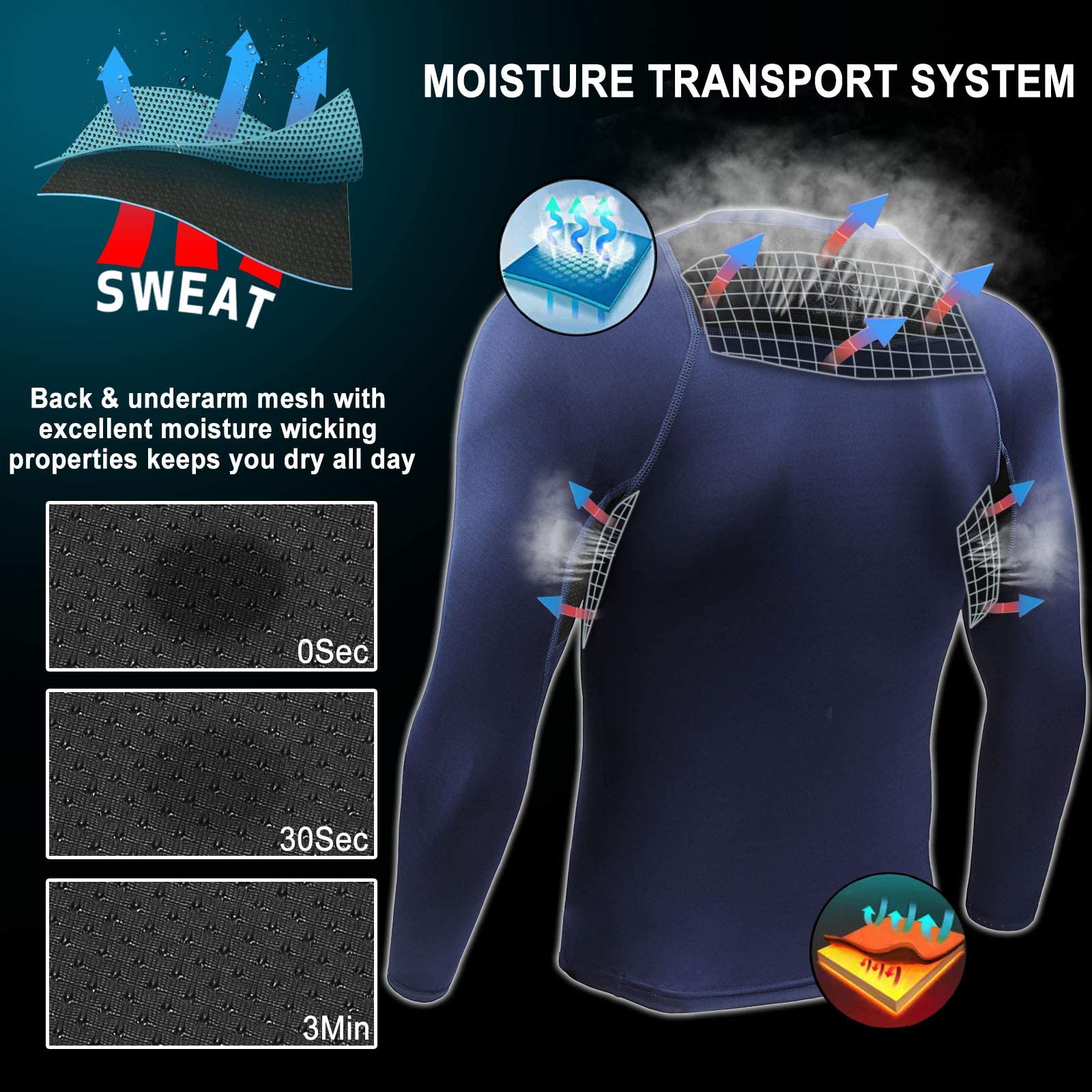 AMZSPORT Camicia a Compressione da Uomo, Maglietta a Maniche Lunghe Cool Dry Layer Fitness Top