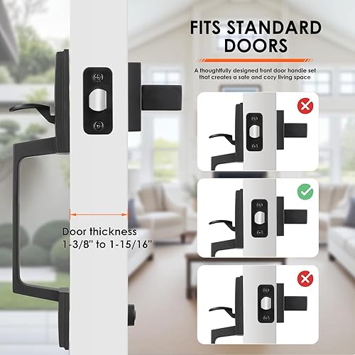 Miniatura 4 de Haidms Manija de puerta delantera negra mate, manija de entrada exterior de un solo cilindro con palanca de puerta, juego de manijas de puerta de