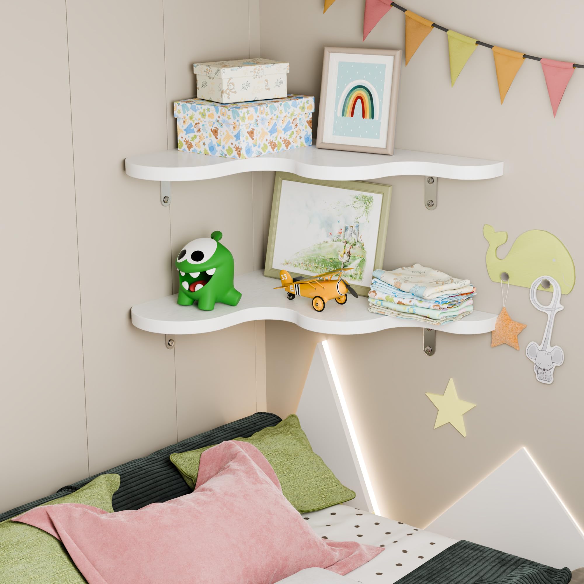 WOPITMER Cute Cloud Shelves, Wavy Floating Corner Shelf, Cloud Corner Wall Shelves with Brackets, Cute Wall Shelves for Nursery Decor, Corner Shelves for Bedroom,Living Room,Bathroom&Home Decor,White
