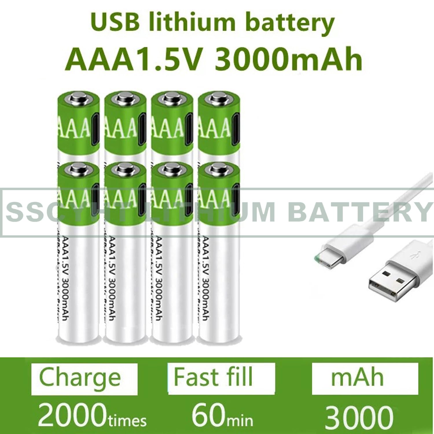 Batteria agli ioni di Litio AAA da 1,5 V a Ricarica Rapida 3000 mAh di Grande capacità con Cavo USB Batteria Ricaricabile Batteria al Litio Riutilizzabile 1200 Volte,8pcs 1.5v3000mah