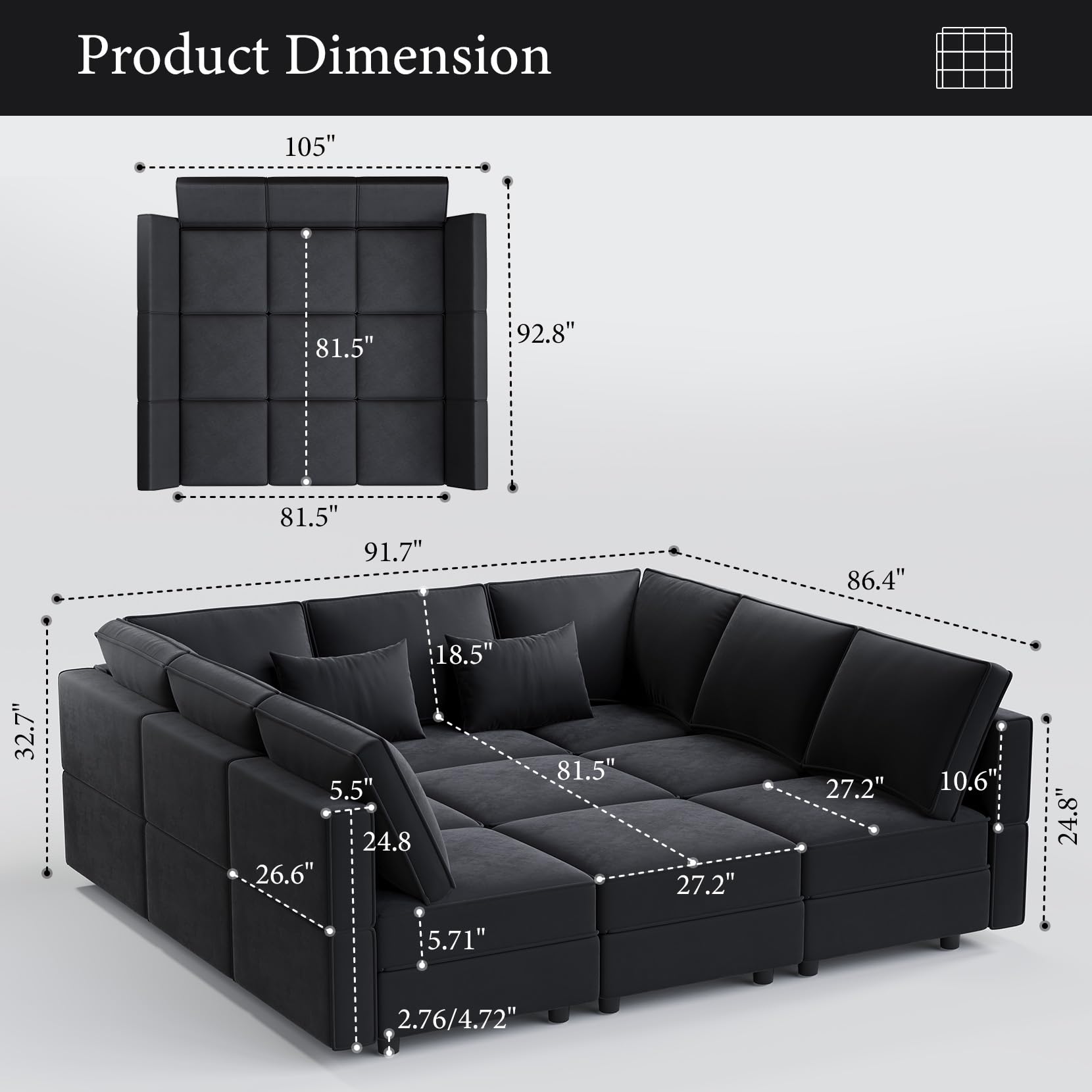 Vesgantti 92" 9 Seats Modular Sectional Sleeper Sofa with Storage, Black | FSC-certified hardwood frame, Pet-friendly velvet upholstery, Adjustable backrests and armrests, Two leg height options