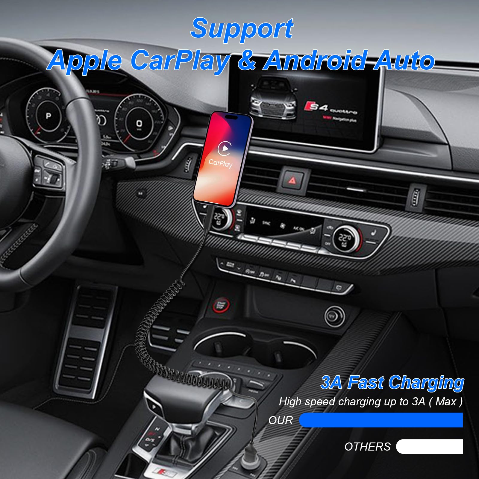 Cavo USB C e Lightning 4 in 1 [Certificato MFi] iPhone CarPlay e Android Auto, ricarica rapida e sincronizzazione dati da 60 W, cavo di ricarica multiplo a spirale per iPhone/Android/iPad/laptop