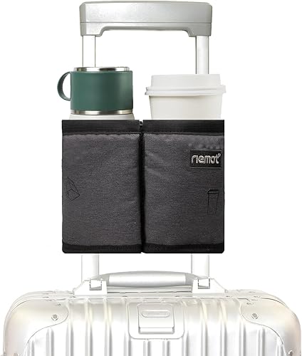 riemot Portavasos de viaje para equipaje, organizador de bebidas de mano gratis, sostiene dos tazas de café, se adapta a la mayoría de asas de