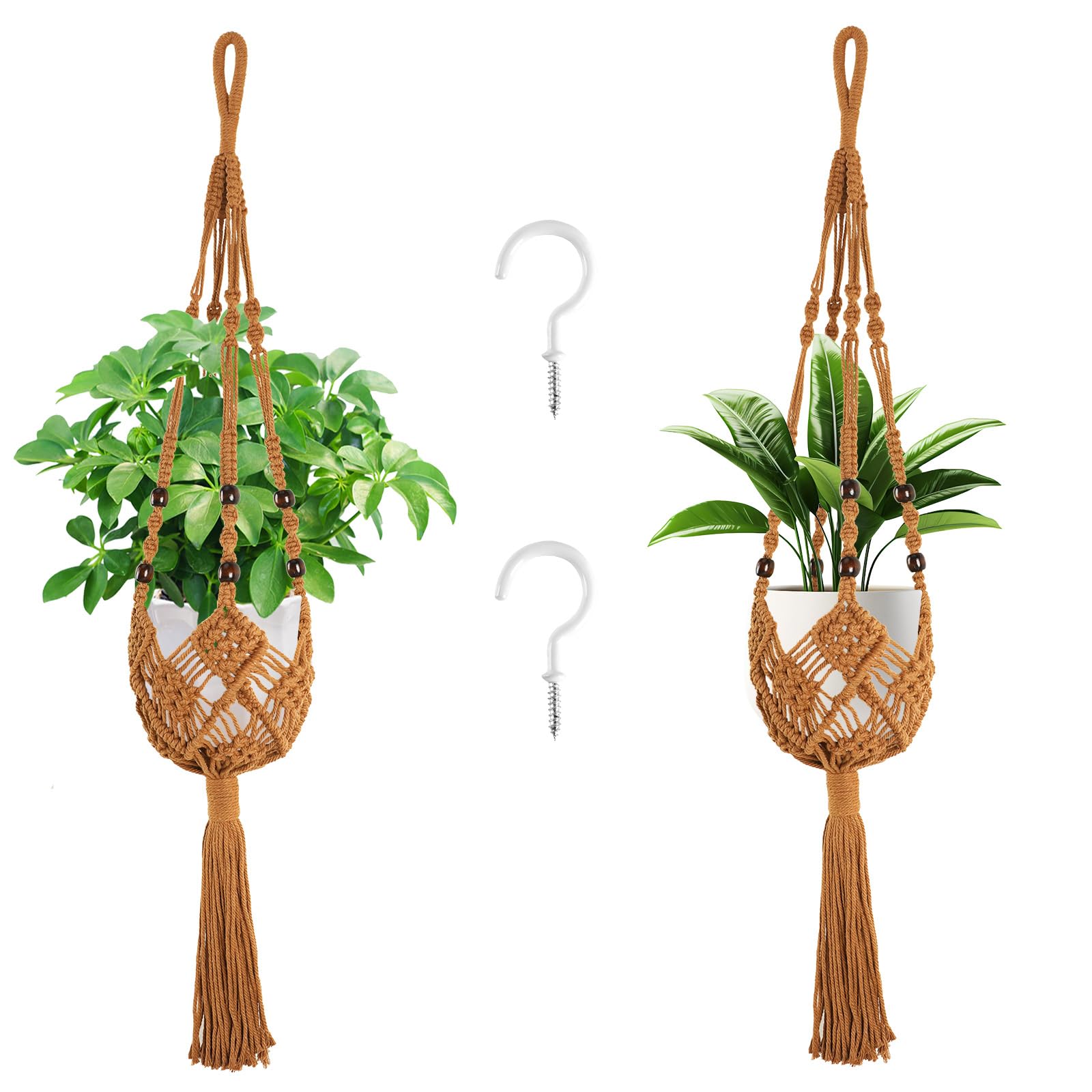 Augshy Jute Crochet Macrame Plant Hangers with Hooks, 2 Pack 35 Inch Natural Cotton Boho Indoor Outdoor Brown Planter Hanging Holder for Ceiling Balcony Porch Home Decor