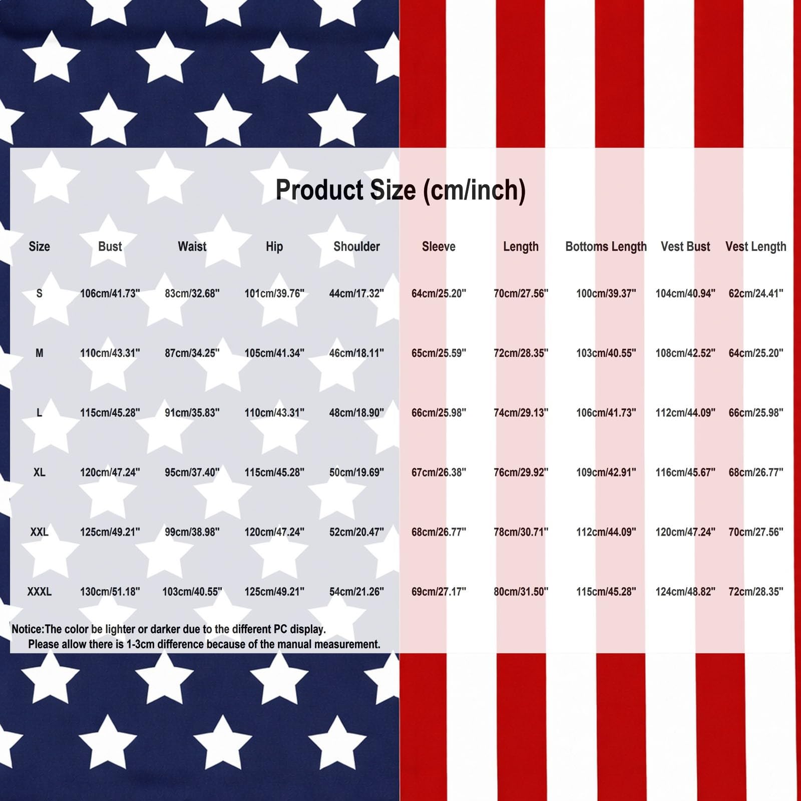 Costume Homme 3 Pieces USA Independence Day Étoiles Rayures Festif