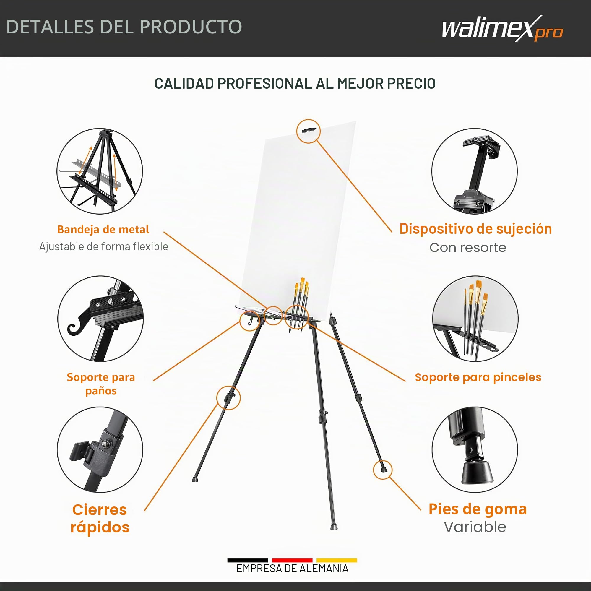 Walimex pro Caballete de pintura XXL 62-205 cm con bolsa de transporte, fabricado en aluminio, ideal para lienzos de una altura máx. de 150 cm, soporte para pintar regulable en altura