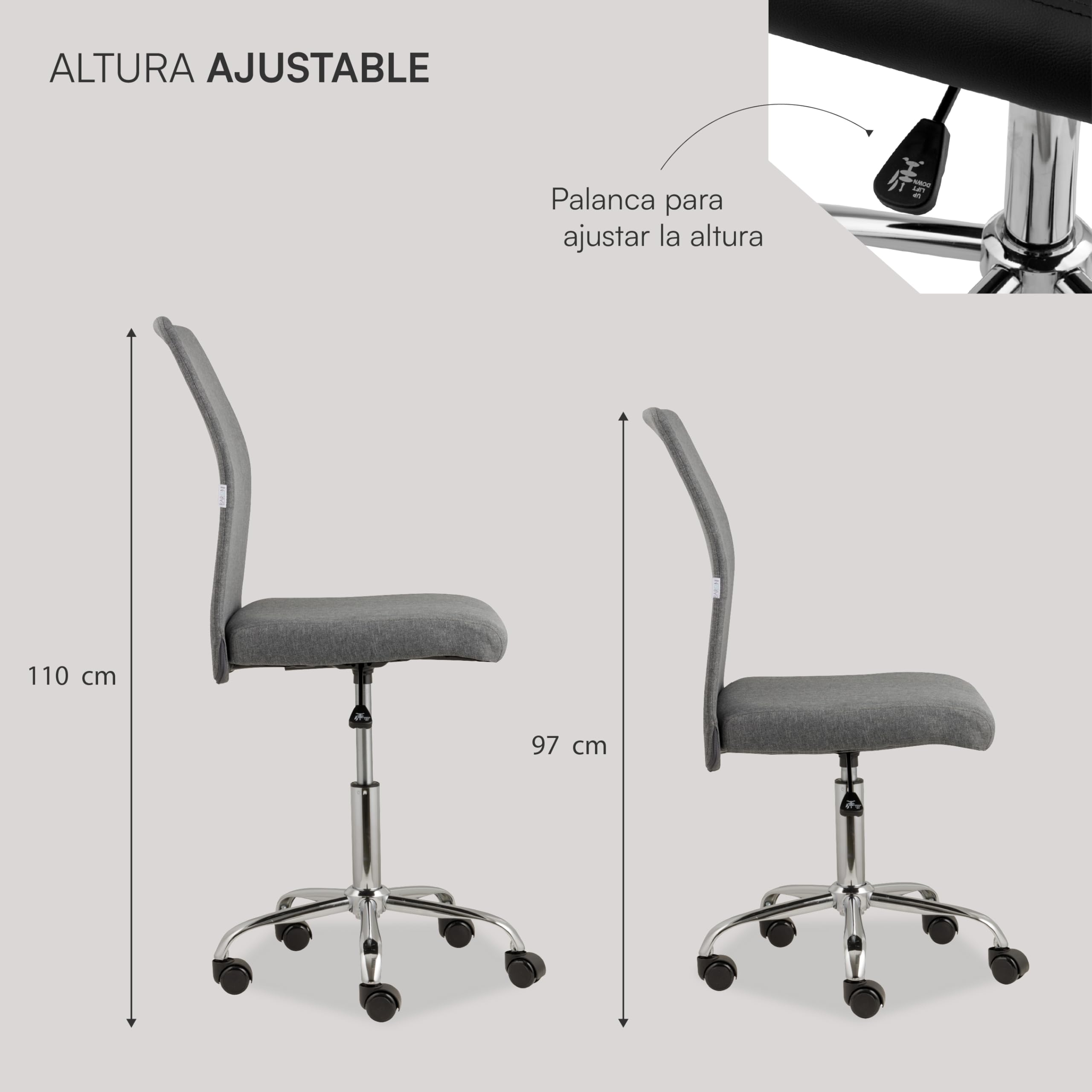 Baroni Home Silla de Oficina de Tela Giratoria de 360°, Silla Acolchada De Oficina con Altura Ajustable sin Reposabrazos, Asiento Ergonómico, Gris, 44x50x110 cm