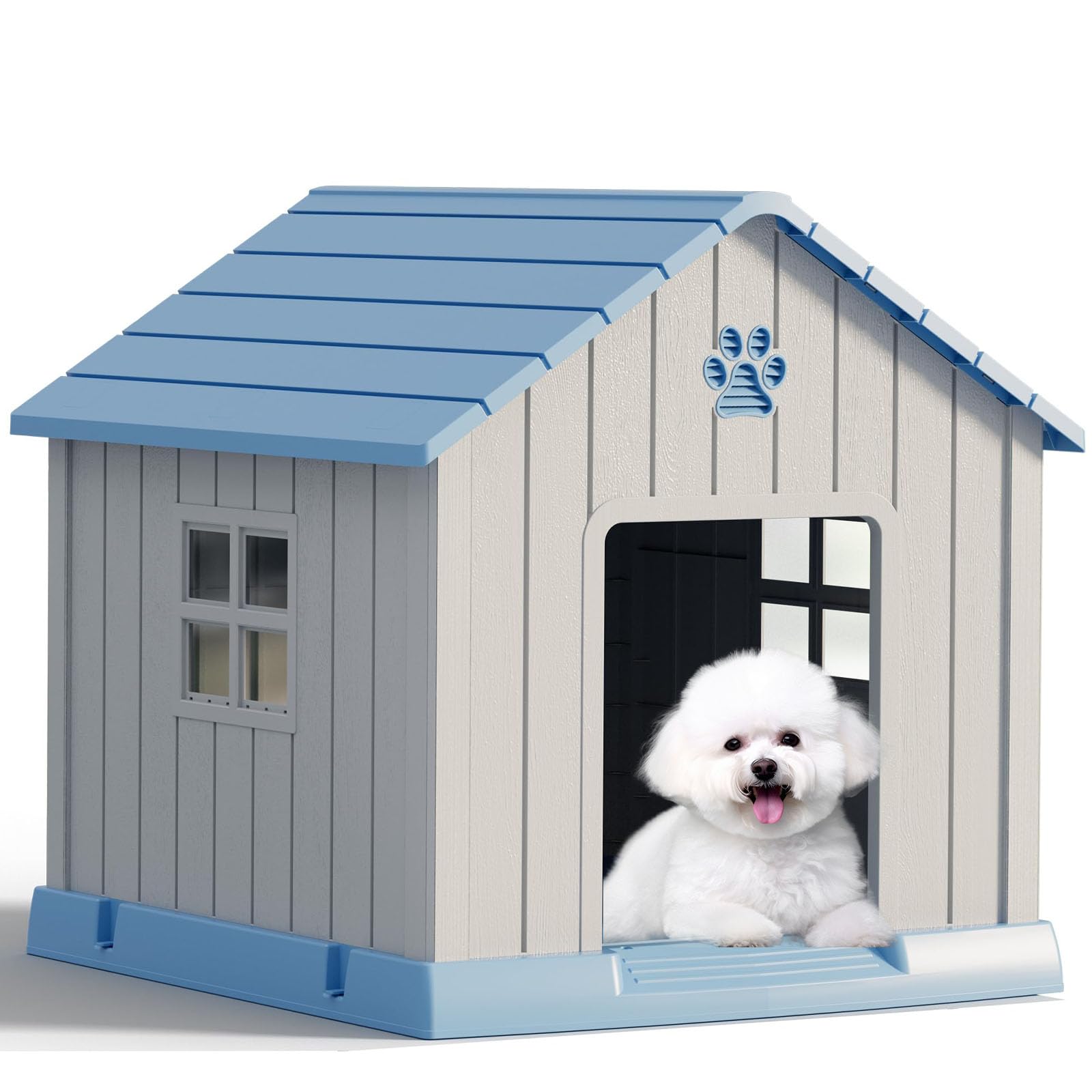 Fancyango Dog House Outdoor Indoor - Waterproof, Ventilated, Easy to Clean, Elevated Floor for Small-Medium Dogs, Easy to Assemble (Blue, 31" L x 33.3