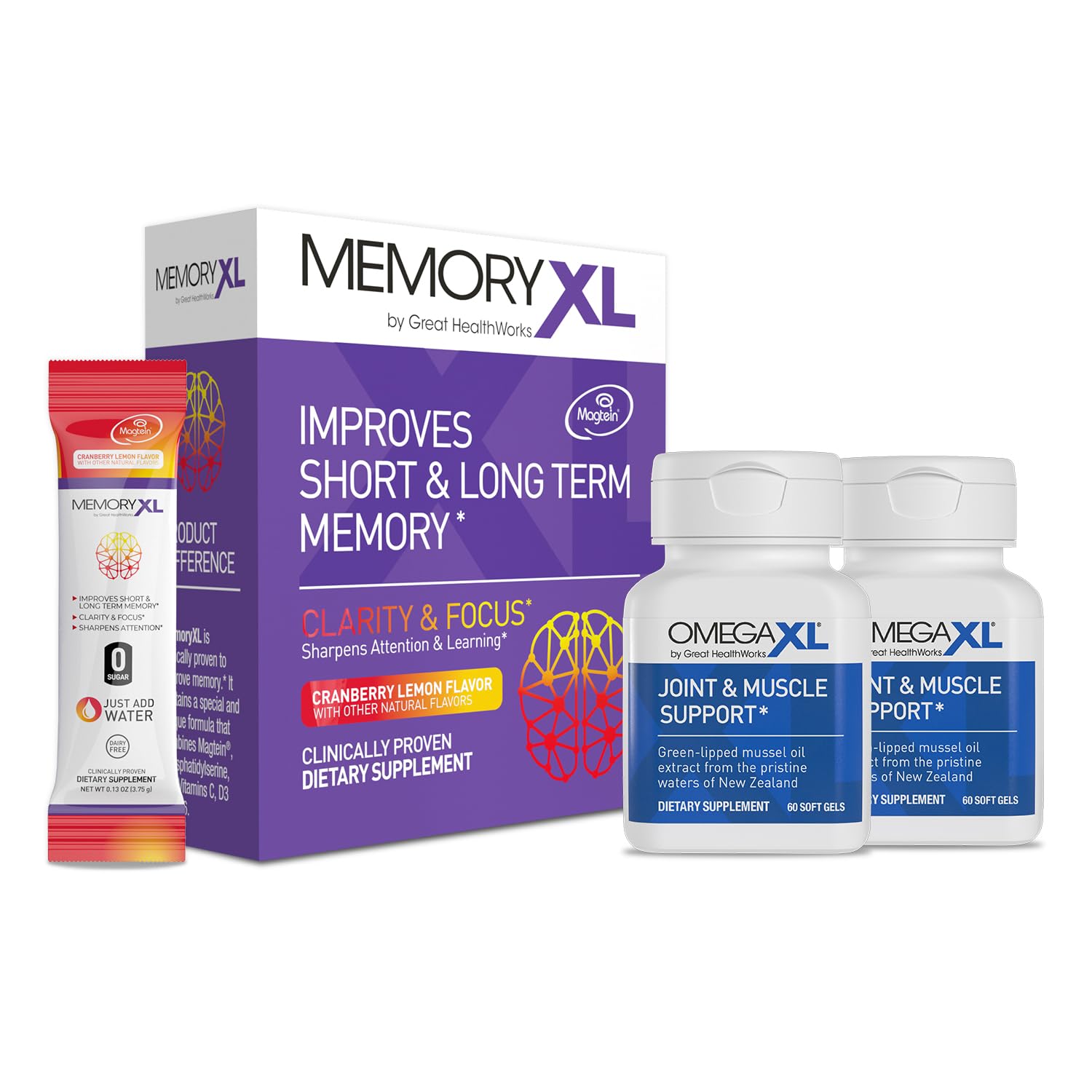 OmegaXL Joint Support Supplement for Relief - Natural Muscle Support, Green Lipped Mussel Oil, 60 Ct (2 Pack). MemoryXL, Magnesium L-Threonate Brain Supplement - Memory & Focus Cranberry Lemon 30 Pack