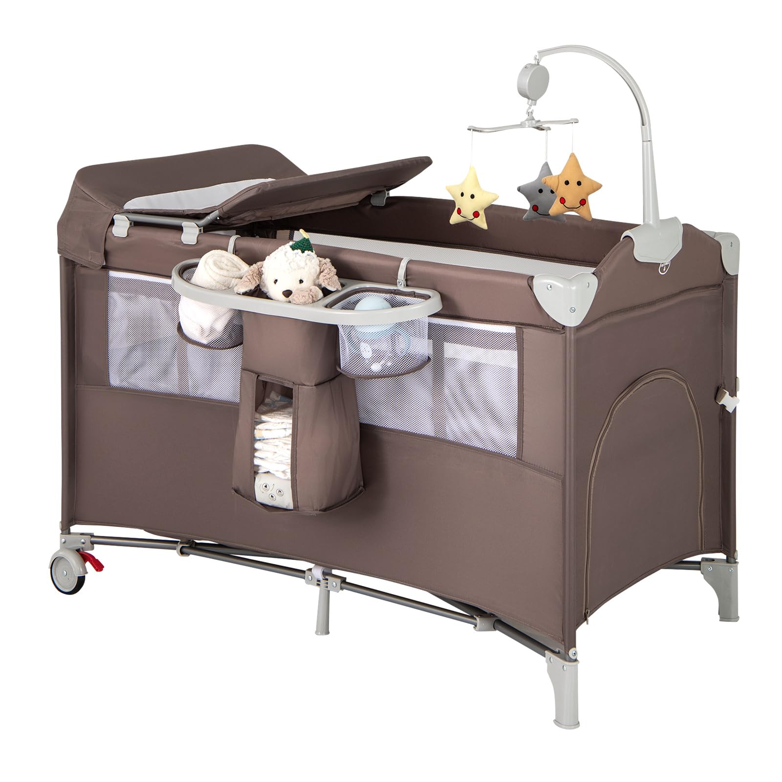 RELAX4LIFE 5 in 1 Lettino da Campeggio per Bambini, Culla Neonato con Fasciatoio e Cingia Fissagio, Carillon e 3 Giocattoli Appesi, Adatto a Bambini da 0-36 Mesi (Marrone)