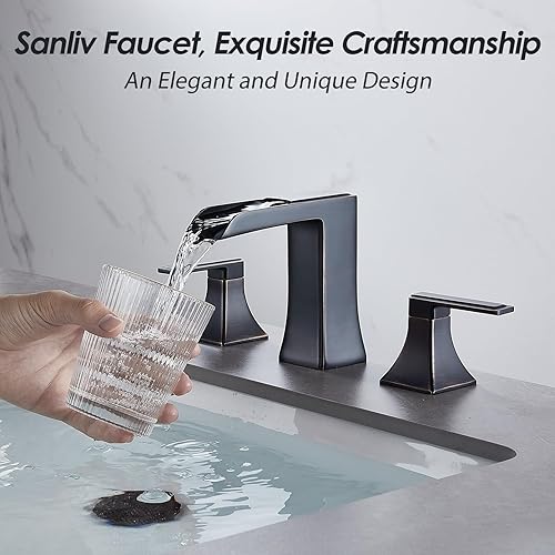 Miniatura 42 de Grifo de baño negro de 3 agujeros, grifos de cascada para fregaderos de baño de 4 a 16 pulgadas, grifo de tocador de dos manijas con drenaje Mate