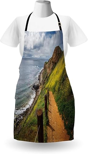 Miniatura 2 de Ambesonne California Apron, Natural Beauty Landscape of Yellow Meadow Flowers Road Path Ocean, Unisex Kitchen Bib with Adjustable Neck for Cooking