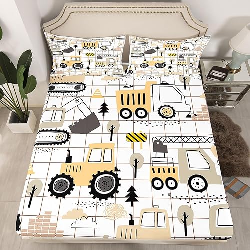 Miniatura 4 de Feelyou Juego de sábanas de construcción para niñas y niños, tamaño individual, diseño de dibujos animados, excavadora, tractor, sábanas con