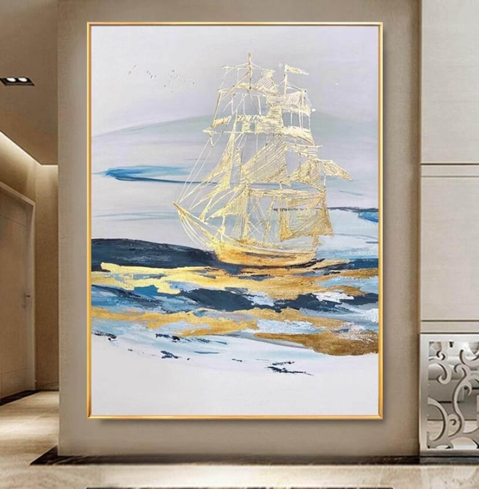 Peinture à l'huile abstraite grand format et tableau voilier feuille d'or sur toile de coton