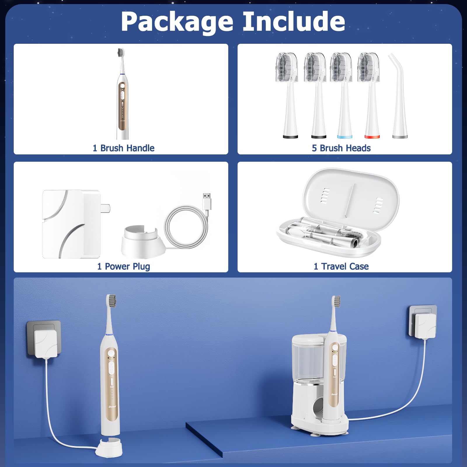 Cepillo de dientes eléctrico con hilo dental de agua, cepillo de dientes sónico 3 en 1 y irrigador dental de agua dental para limpieza de dientes adultos con 4 cabezales, sensible, cuidado de las