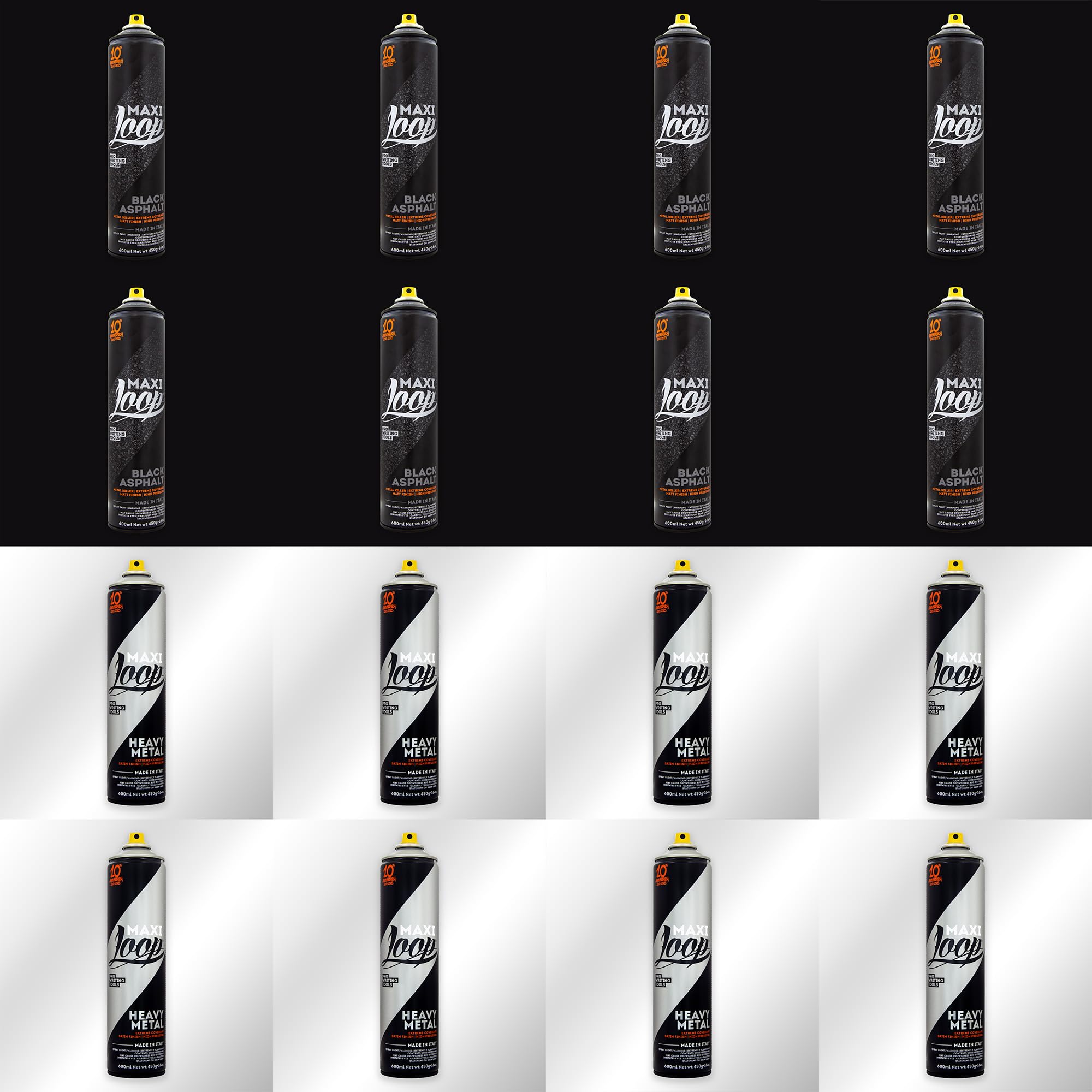 Betterrun LOOP Sprühdosen Set Silber Schwarz - 16 x 600ml Acryllack + 10x Sprühaufsätze - Graffiti Spray Cans