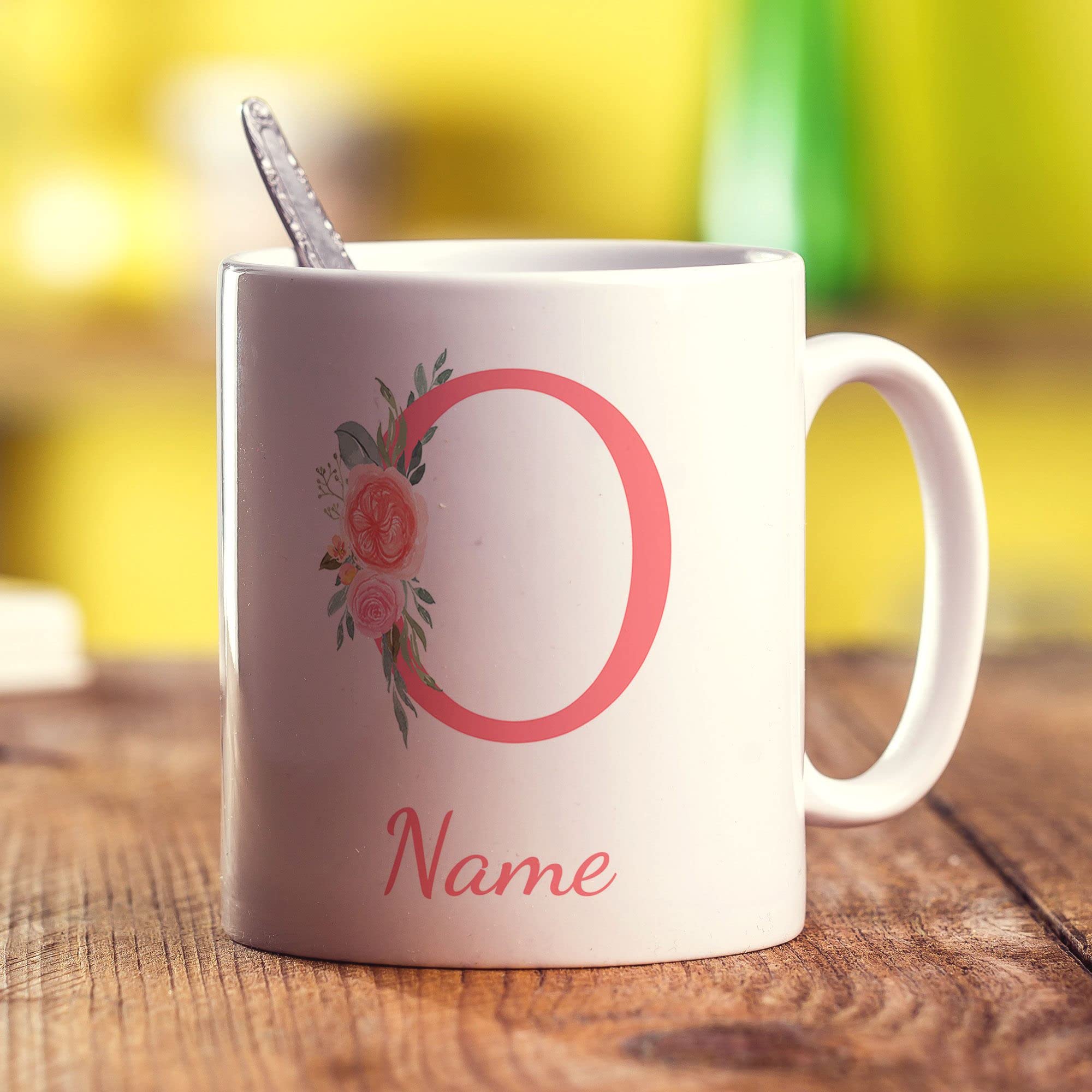 Printster Personalised Pink Floral Initial Mug - Add Any Name - Gift for Birthday-O - 11oz Ceramic Cup