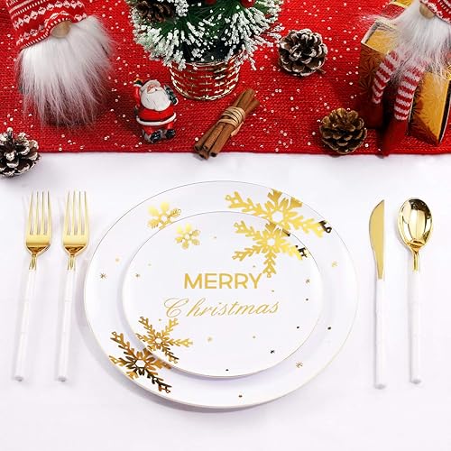Miniatura 5 de WDF 50 platos de Navidad de plástico dorado, platos de plástico de copo de nieve, platos desechables blancos y dorados pesados para Navidad