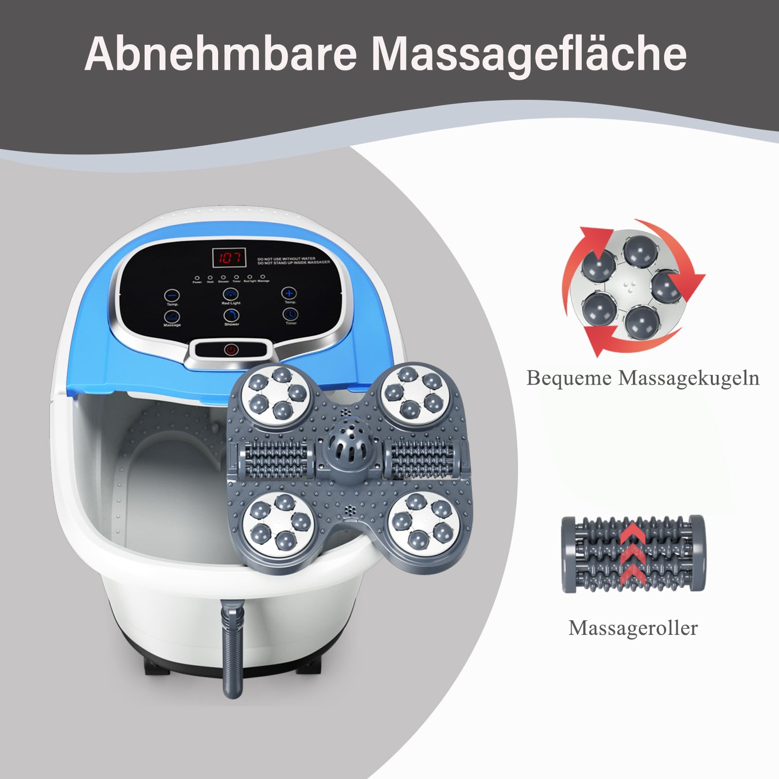 SOARS Fußbad Massagegerät elektrisch, Fußbadewanne mit Abnehmbarer Massagefläche, mobiles Fußmassagegerät mit Heizungs- & Dusch-Funktion, 10-60min Timer, 35-48℃ (Blau)