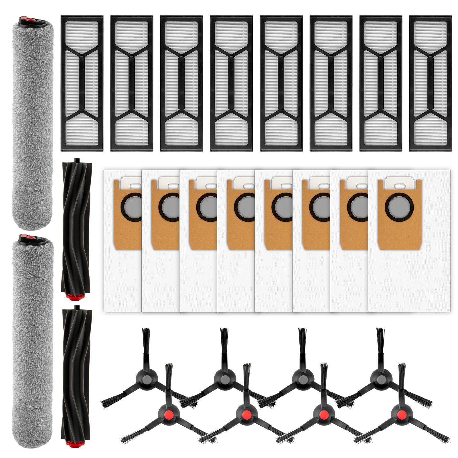 (28 Pack) Omni S1 Pro Replacement Parts Compatible With Eufy Omni S1 Pro Robotic Vacuum Cleaner, 2 Rubber Roller Brush, 2 Roller Mop, 8 Side Brushes, 8 Dust Bags, 8 HEPA Filters, Accessories Kit Omni S1 Pro Accessories kit(28 Pieces)