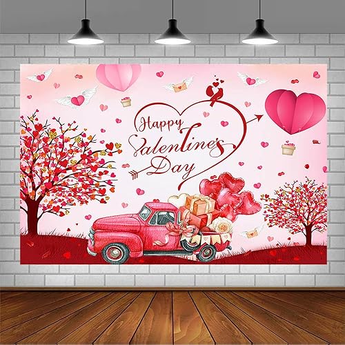 Miniatura 3 de Telón de fondo para el día de San Valentín de 7 x 5 pies, globo de corazón rojo de amor de San Valentín, camión, globo aerostático, regalo de
