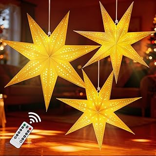Large Paper Star Lanterns with Lights, 3D 7 Pointed Christmas Paper Lant...