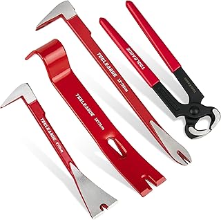TOOLEAGUE 4 Pcs Pry Bar Set, 12" & 8" Cats Paw Nail Puller,10" Flat Claw Pry Bar,8-inch End Cutting Plier,Utility Wonder Crowbar,Woodworking Tools for Prying, Scraping, Lifting, Pulling