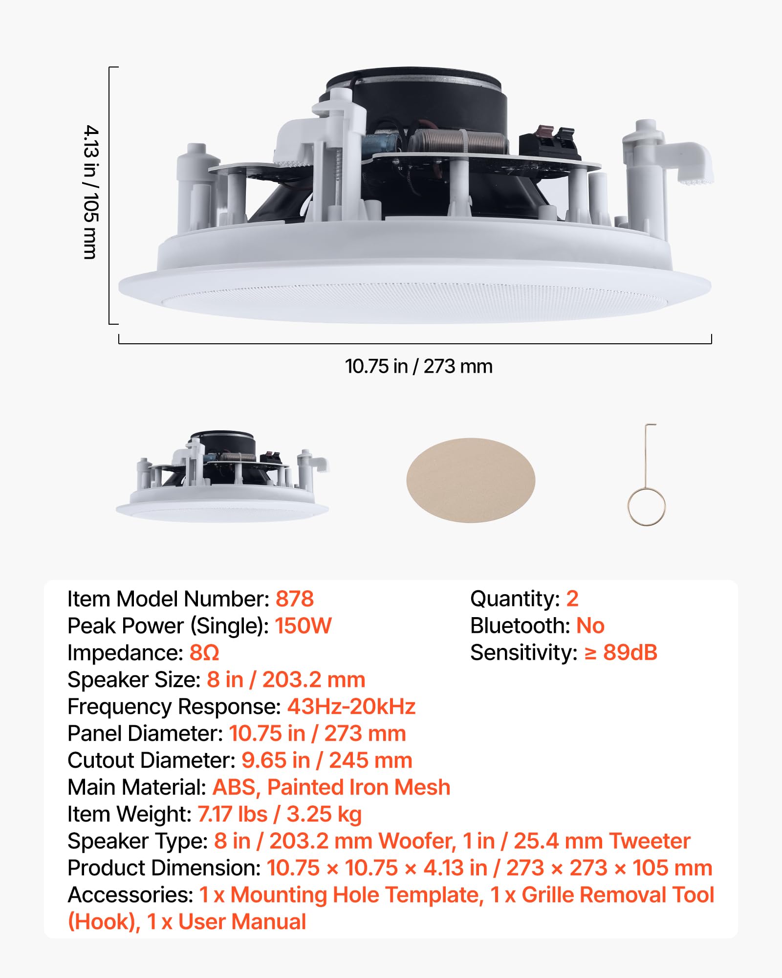 VEVOR Set di Altoparlanti da Incasso a Soffitto, Diffusori da Incasso da Parete 2 pezzi per Home Theater Hi-Fi Potenza di Picco Singola 150 W, Montaggio da Parete a 2 Vie, Ambienti Interni
