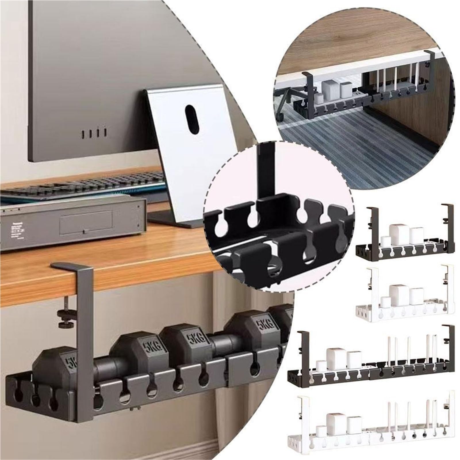 Bandeja Gestion Cables Estante de almacenamiento debajo la Mesa, bandeja gestión cables Metal sin perforación, organizador for escritorio oficina en casa, tira alimentación retráctil(Black 43-74cm)