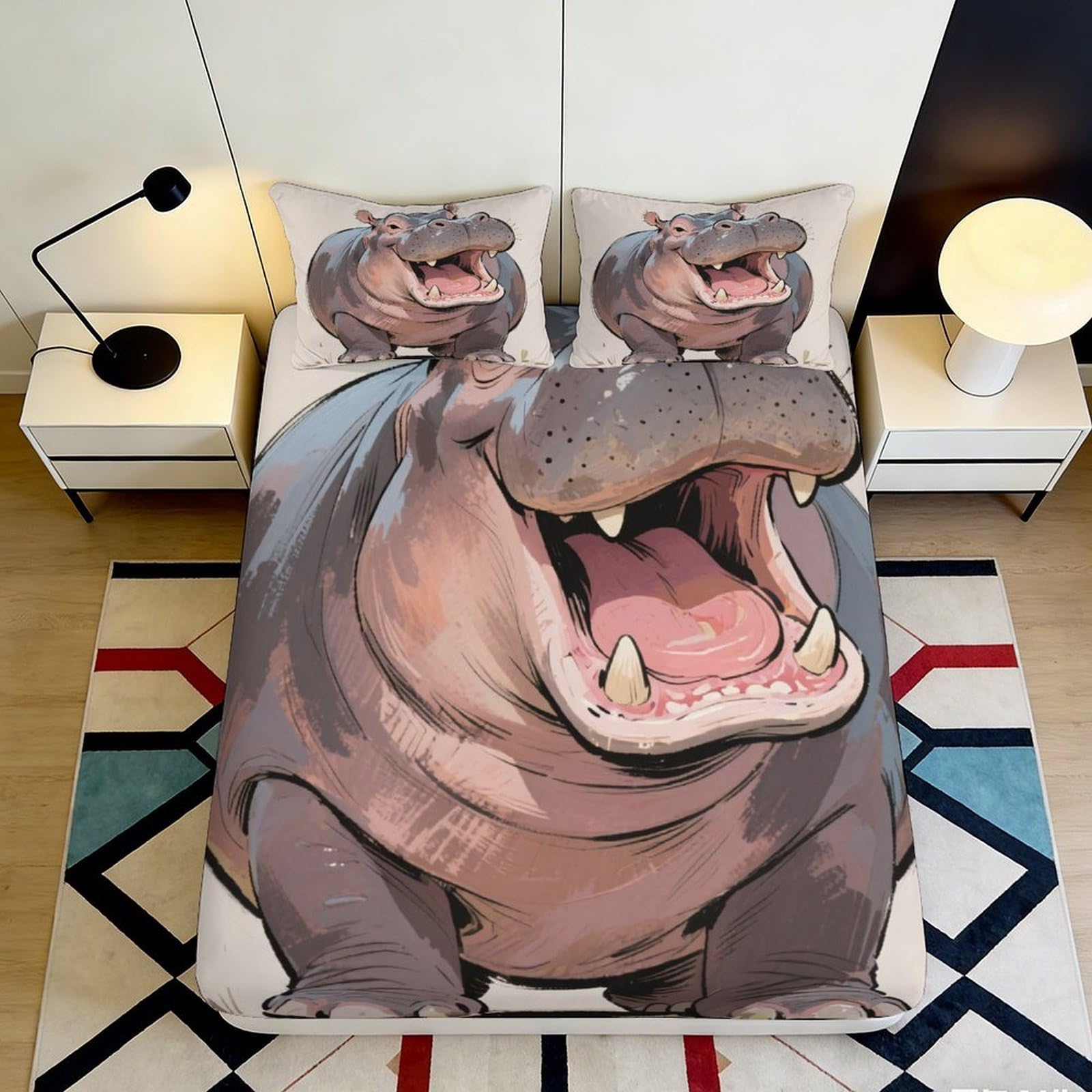 3D Printed Cartoon Hippo Fitted Sheet Microfiber Soft Non-Slip Bed Cover for Bedroom Dorm Mattress Protection Decor 90x200x25cm