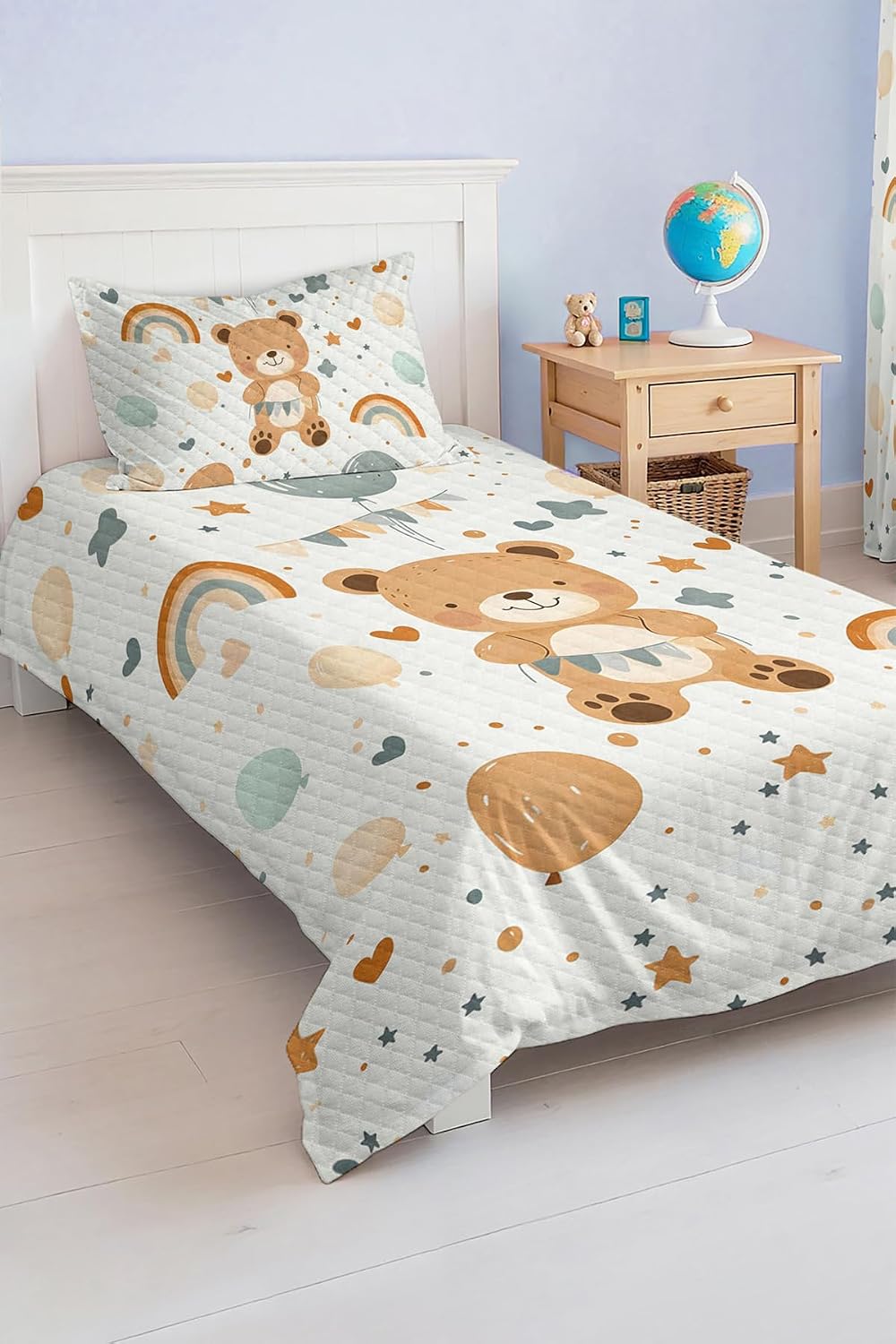 SODEF Bedding Set Twin Size Teddy Bear and Balloon Design for Kids and Teens, Lightweight Quilt Set with Pillow Sham, Soft Cotton Polyester Blend, Multicolor - Multicolor, One Size