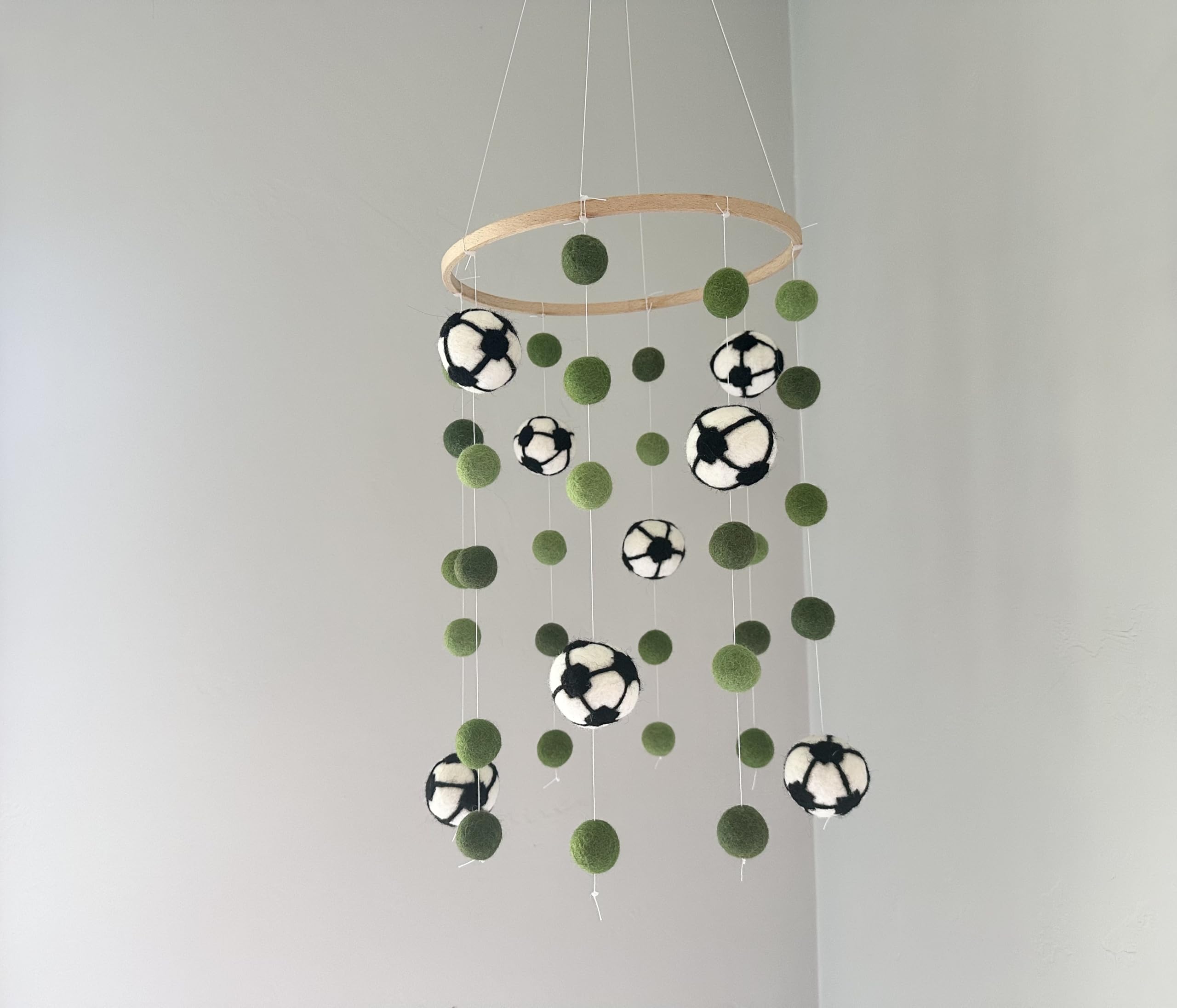Custom Soccer Mobile - Shades of Green Grass Felt Balls and 8 Soccer Balls for Soccer Pitch themed baby decor - Wool Waldorf Nursery Ceiling Mobile (Do Not Hang From Crib)