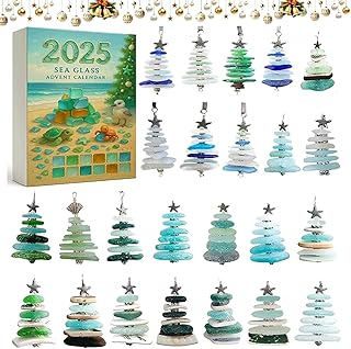 3D Sea Glass Advent Calendar 2025,Sea Glass Christmas Tree Advent Calendar 2025, 24 Days Christmas Countdown Calendar with 24 3D Mini Christmas Tree Ornaments, Handmade Seaside Christmas Decor