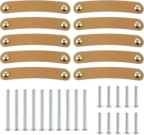 Miniatura 8 de MOOTVGOO Paquete de 10 tiradores de cuero para cajones, manijas de cuero suave color negro, estilo moderno, hechas a mano con tornillos largos y