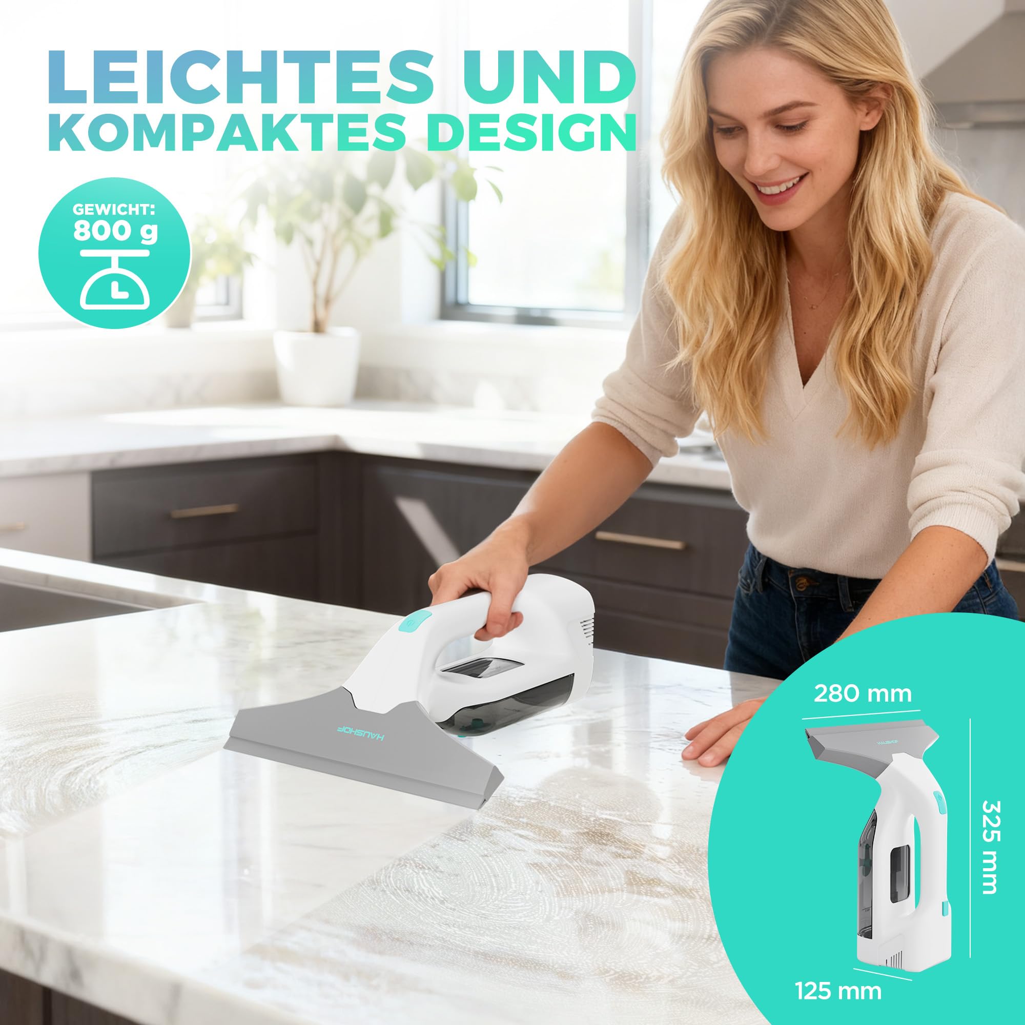 HAUSHOF Akku Fenstersauger Set, Kabelloser Fensterreiniger Fensterputzer mit 30 Min Laufzeit, 28 cm Saugdüse & 100 ml Wassertank, Streifenfreie Reinigung für Fenster, Spiegel und Fliesen
