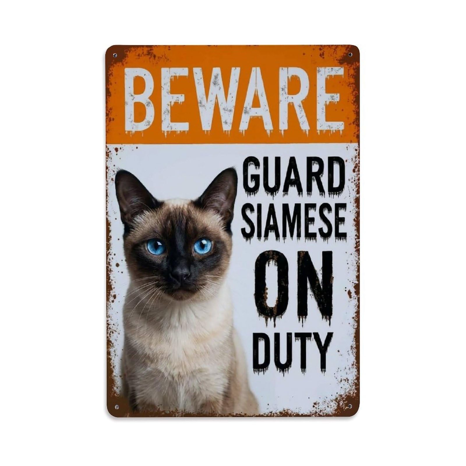 Vintage Funny Siamese Guard Beware of Cat Pathway Metal Tin Sign Plaque Wall Decor for Cafe, Club Bar, Office, Garden Metal Poster 8x12Inch