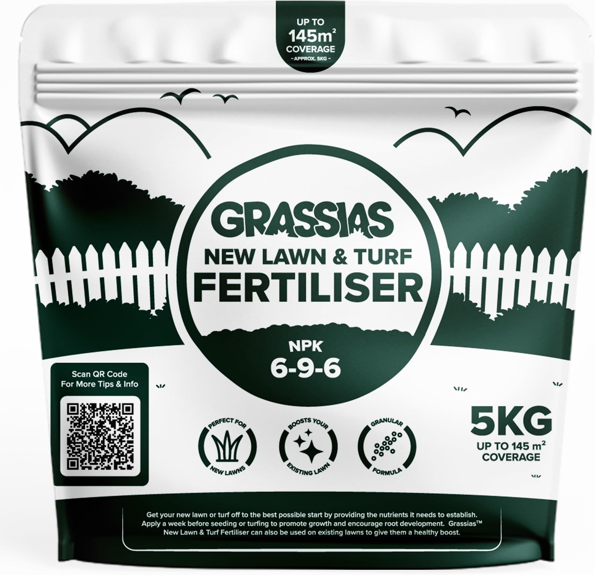 Grassias Pre Seed Granular Fertiliser 6-9-6 | Feed For New & Established Lawns and Turf | Provides Soil With Essential Nutrients To Establish Strong Roots | Covers 145m2 (5KG)
