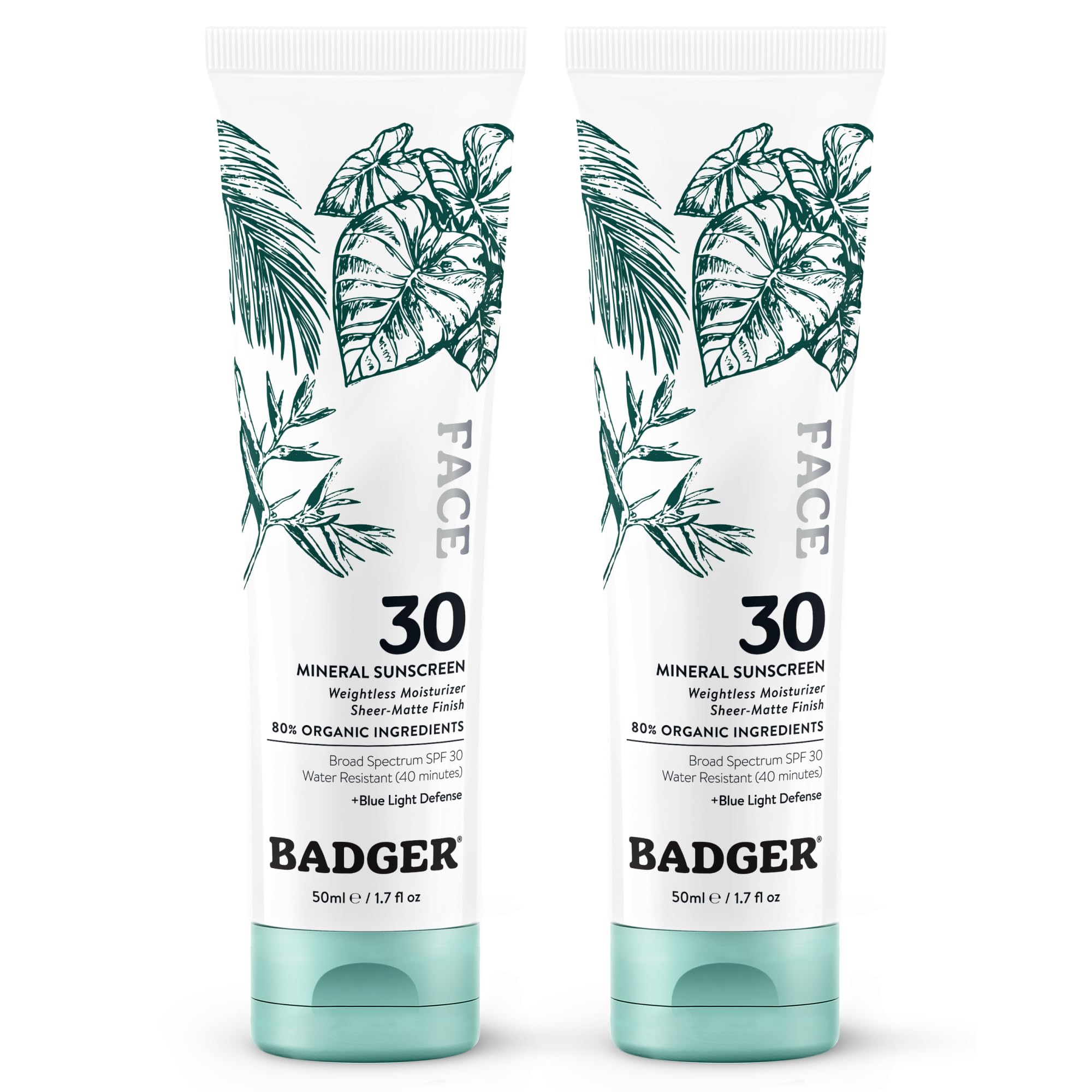 Badger Zinc Oxide Face Sunscreen SPF 30, Lightweight Mineral Sunscreen for Face, Matte Finish, No White Cast, Vegan, Water Resistant, Unscented,