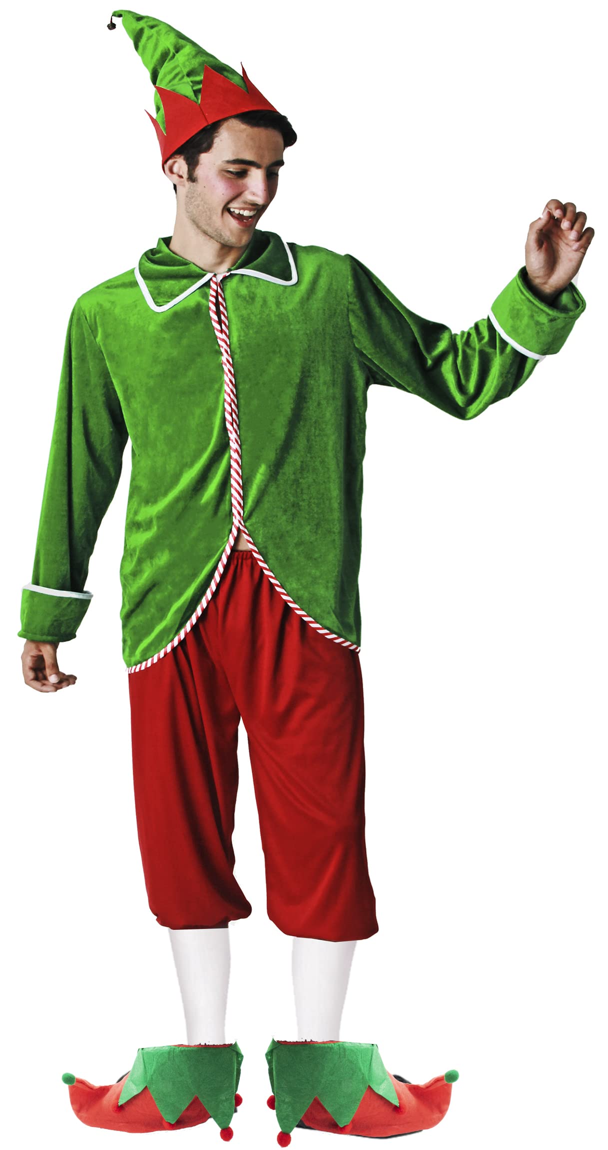 Gojoy shop-Disfraz de Elfo para Hombres Navidad Carnaval (Contiene:Gorro,Chaqueta,Pantalón,Botas,Cinturón y Mochila de Cuerdas Talla Adulto L=170CM-180CM)