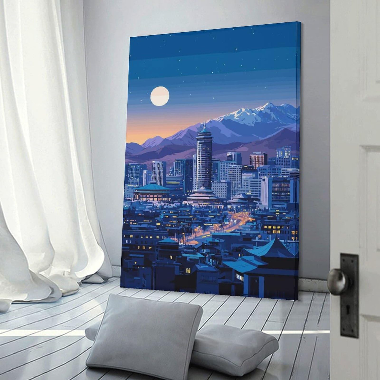 Junmoney Night Cityscape with Mountains And Moon Wall Art Print 20x30inch(50x75cm), for Lounge, Study, Hallway Or Flat Walls, Decorative Artwork with Broad Appeal