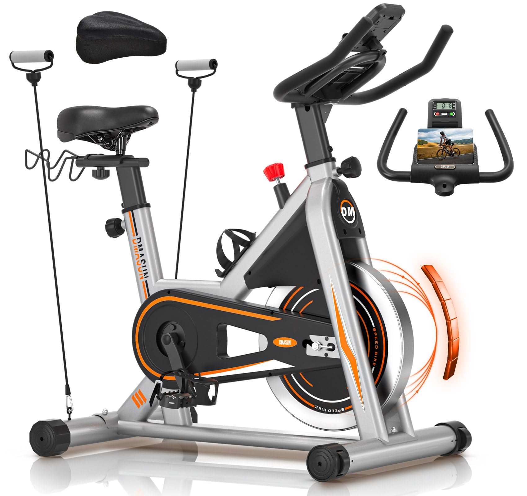 Exercise Bike, DMASUN Upgraded Magnetic Resistance Stationary Bike for Home with Pull Ropes, 350 LB Capacity, Workout Bike with Seat Cushion Cover, Digital Display and Tablet Holder